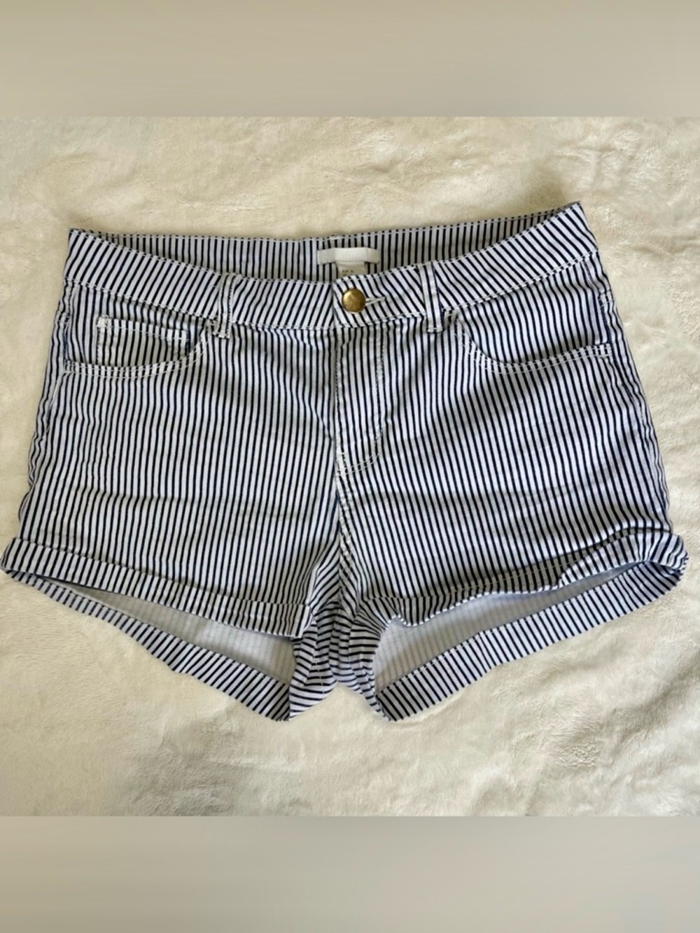 Coastal Grandma Black White Railroad Stripe Twill Cuffed Micro Shorts Low Rise 6